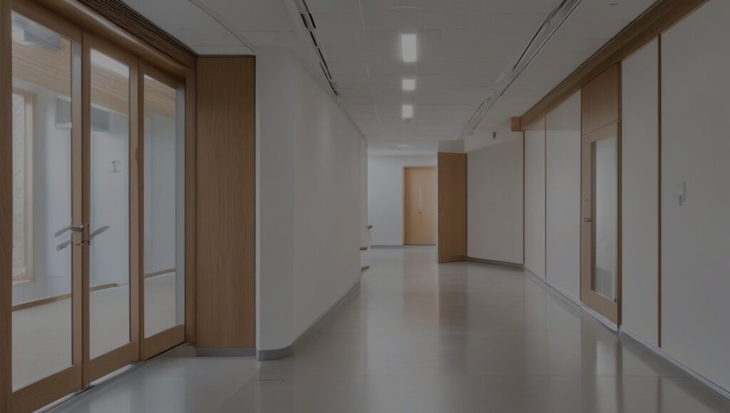 Langer Klinikflur mit Tageslicht