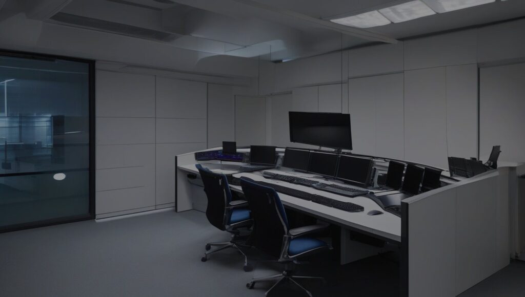 Leitstelle mit Monitorwand zur Videoüberwachung