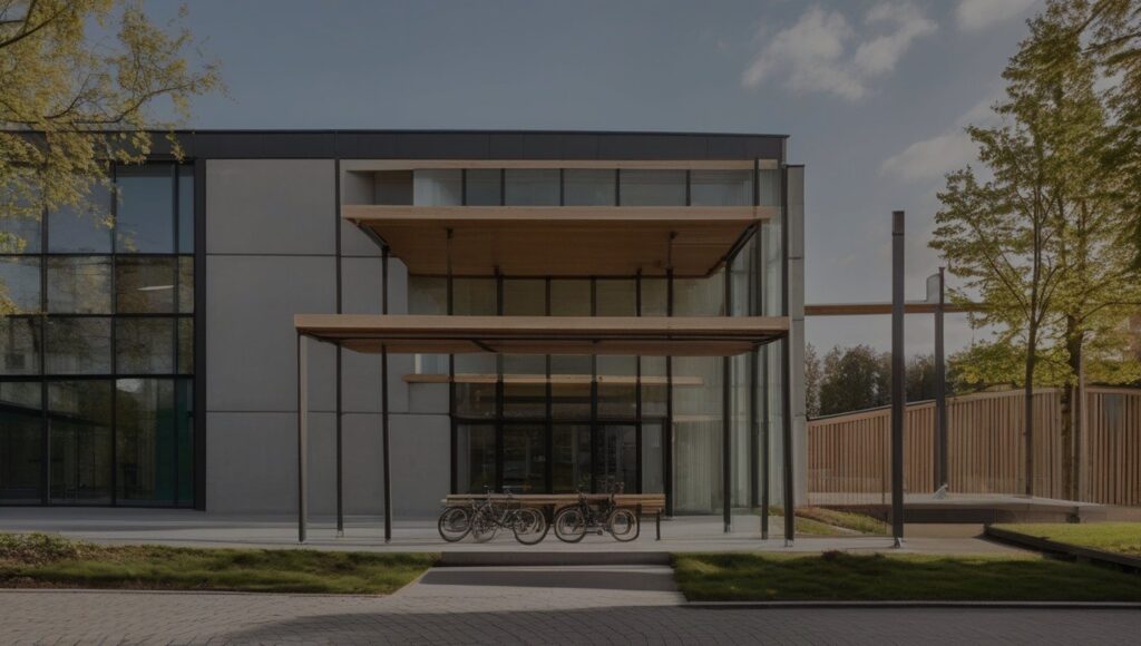 Eingangsbereich einer Schule mit verglaster Fassade