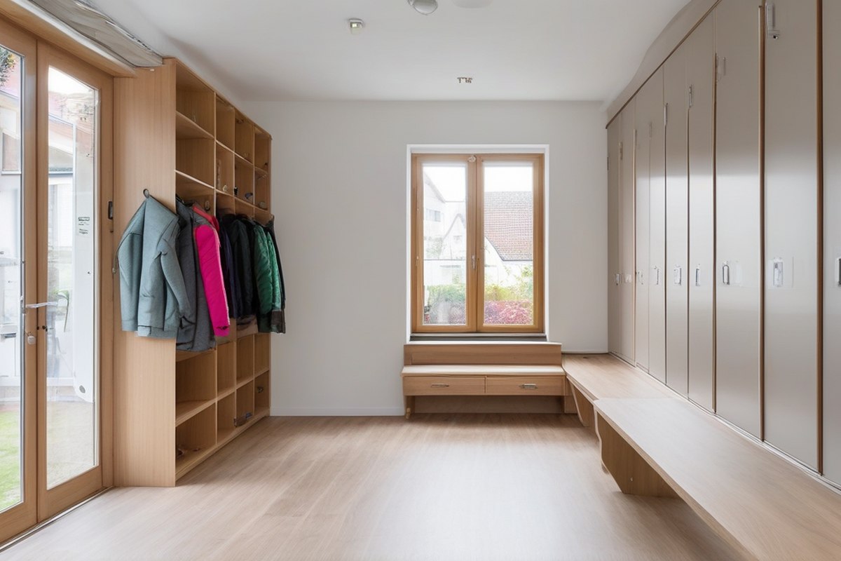 Heller Flur einer Wohngruppe mit Garderobe — Kinder- und Jugendschutz