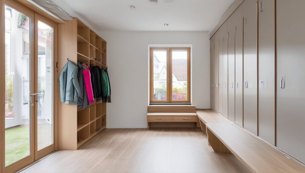 Heller Flur einer Wohngruppe mit Garderobe